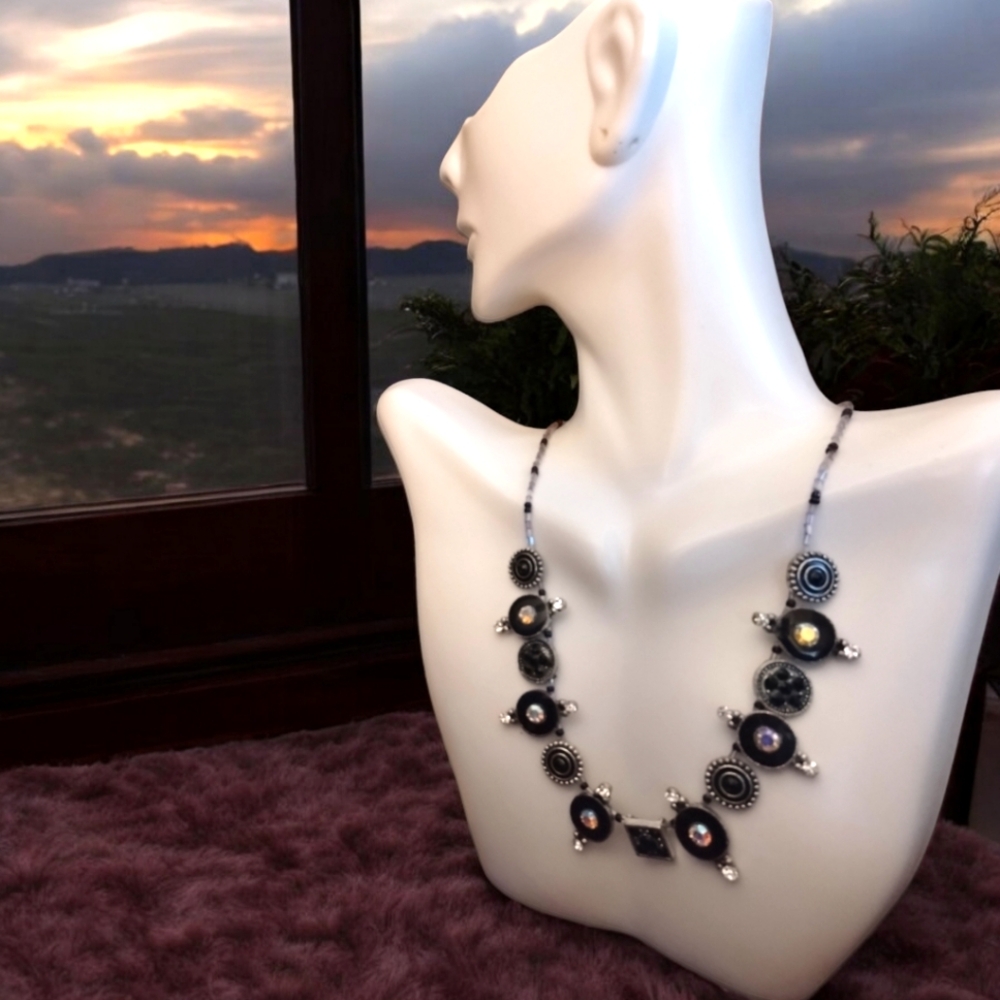 JB Elegant Black and Silver Statement Necklace